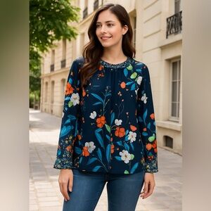 NANETTE LEPORE | Mixed Navy Blue & Orange Floral Ruffled Bell Long Sleeve Blouse